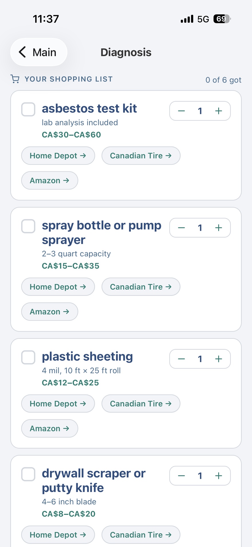 SnapDiagnose shopping list with parts, price ranges, quantity steppers, and retailer links.